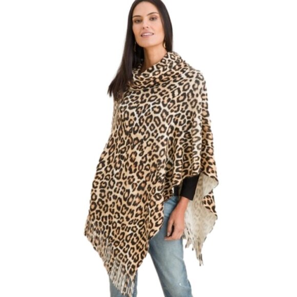 Chico's Cozy Animal-Print Cowlneck Poncho, One Size - Picture 1 of 8